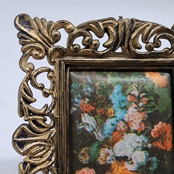 Vintage Ornate Plastic Gold Mini Picture Frame With Floral Satin Fabric 2x2.5 - Picture 2 of 11